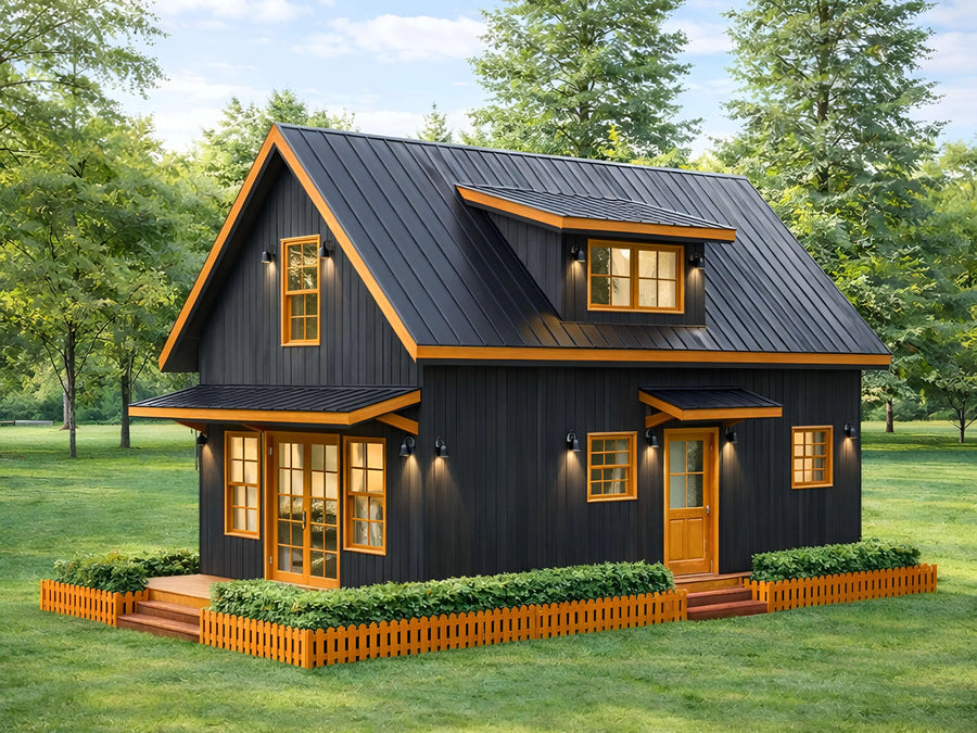 18x28 small cottage floor plan with loft, 2 bed 2 bath, 1005 sq ft