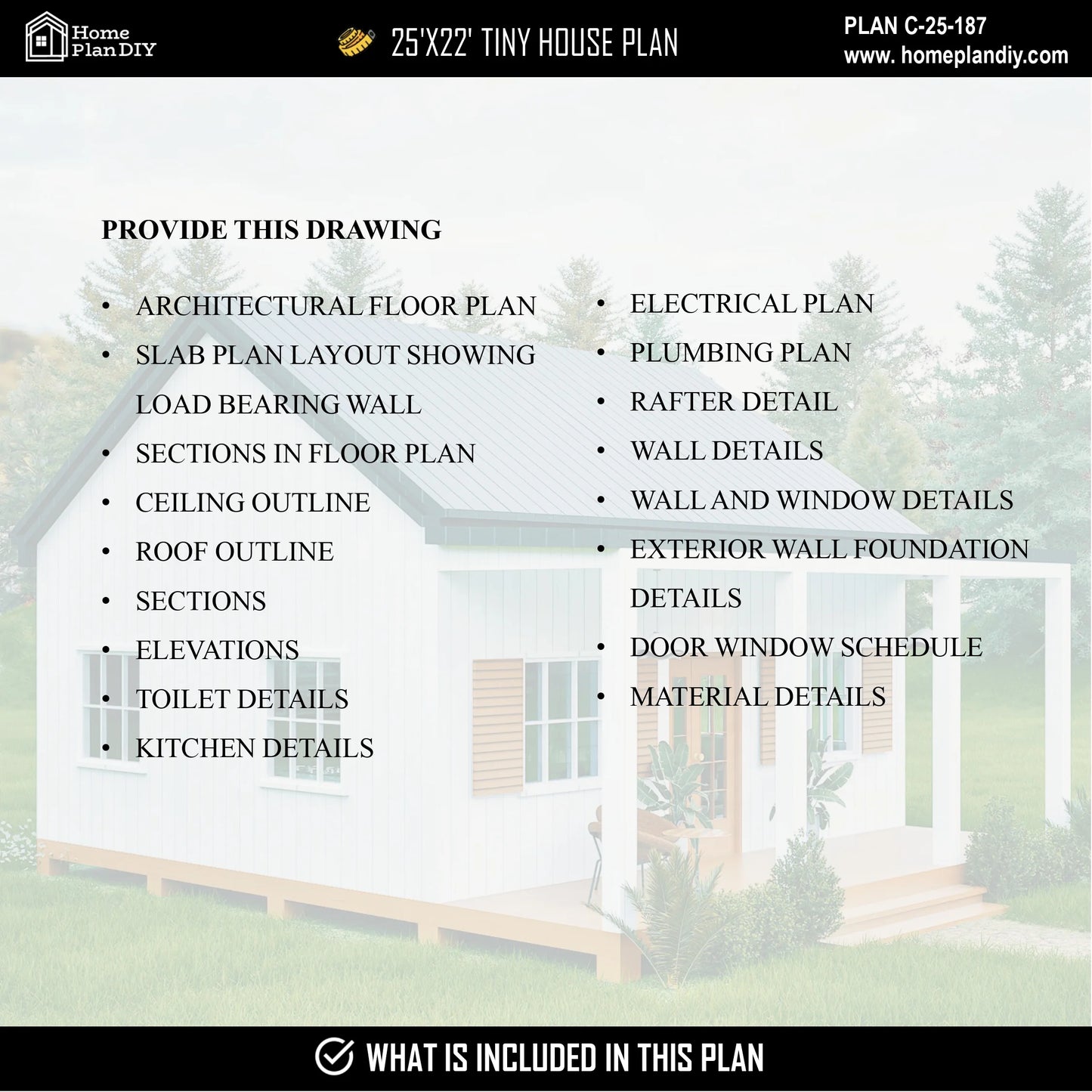 Modern 25x22 tiny house floor plan with 1 bed, 1 bath, porch, and slab foundation – 550 sq ft cabin blueprint
