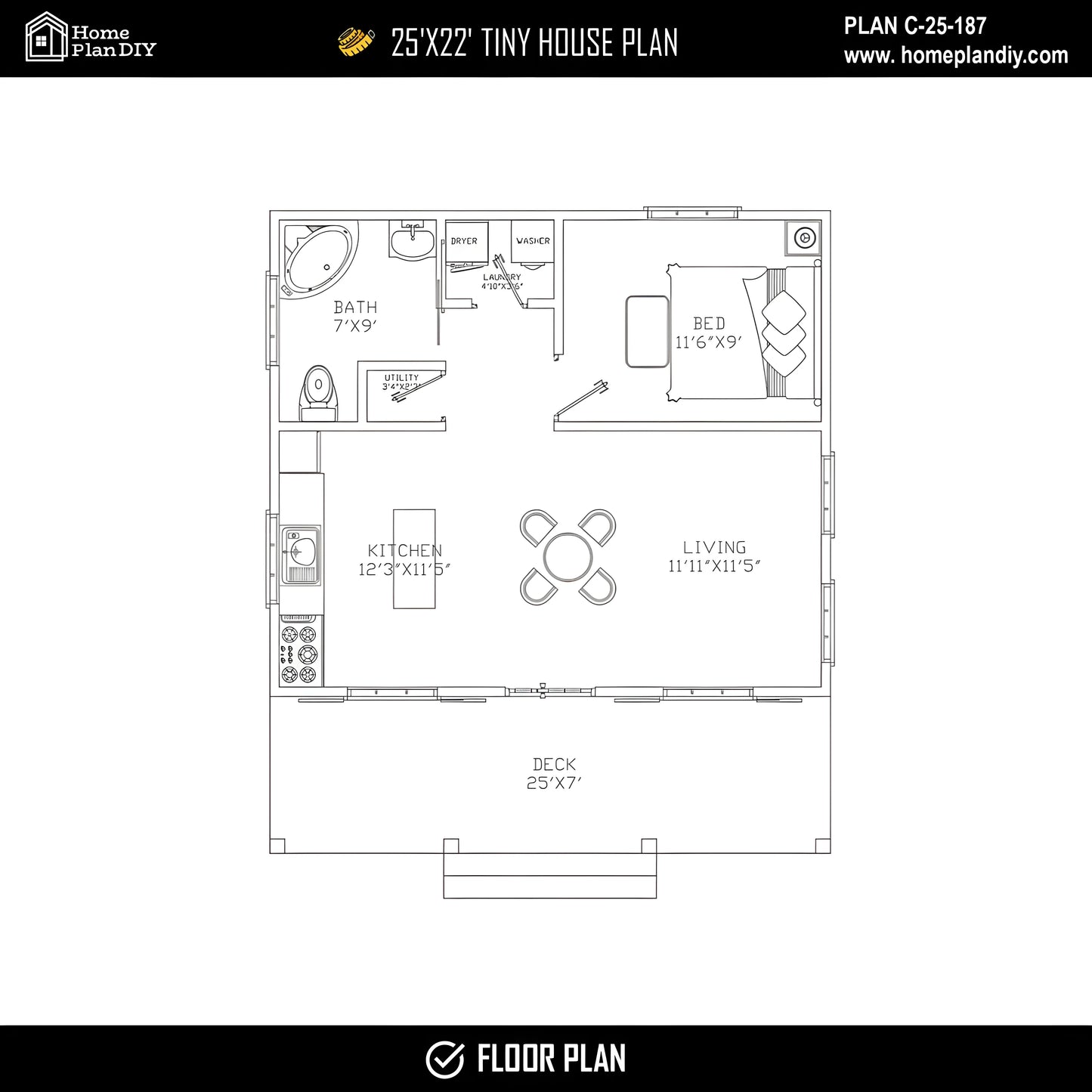 Modern 25x22 tiny house floor plan with 1 bed, 1 bath, porch, and slab foundation – 550 sq ft cabin blueprint