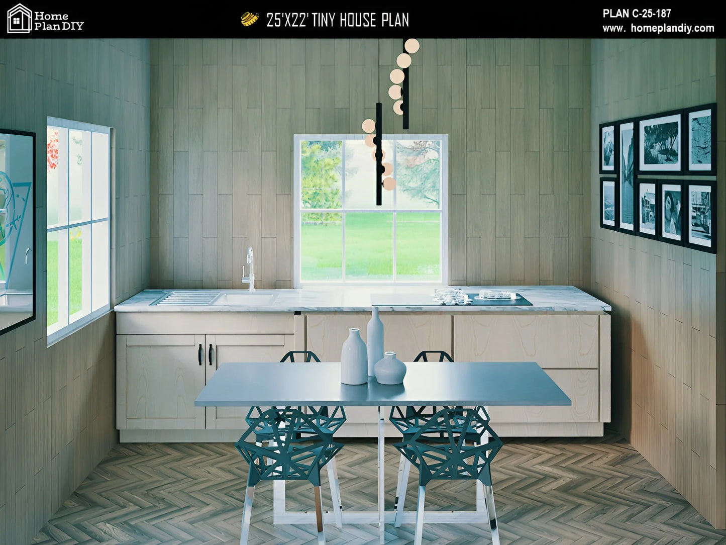 Modern 25x22 tiny house floor plan with 1 bed, 1 bath, porch, and slab foundation – 550 sq ft cabin blueprint