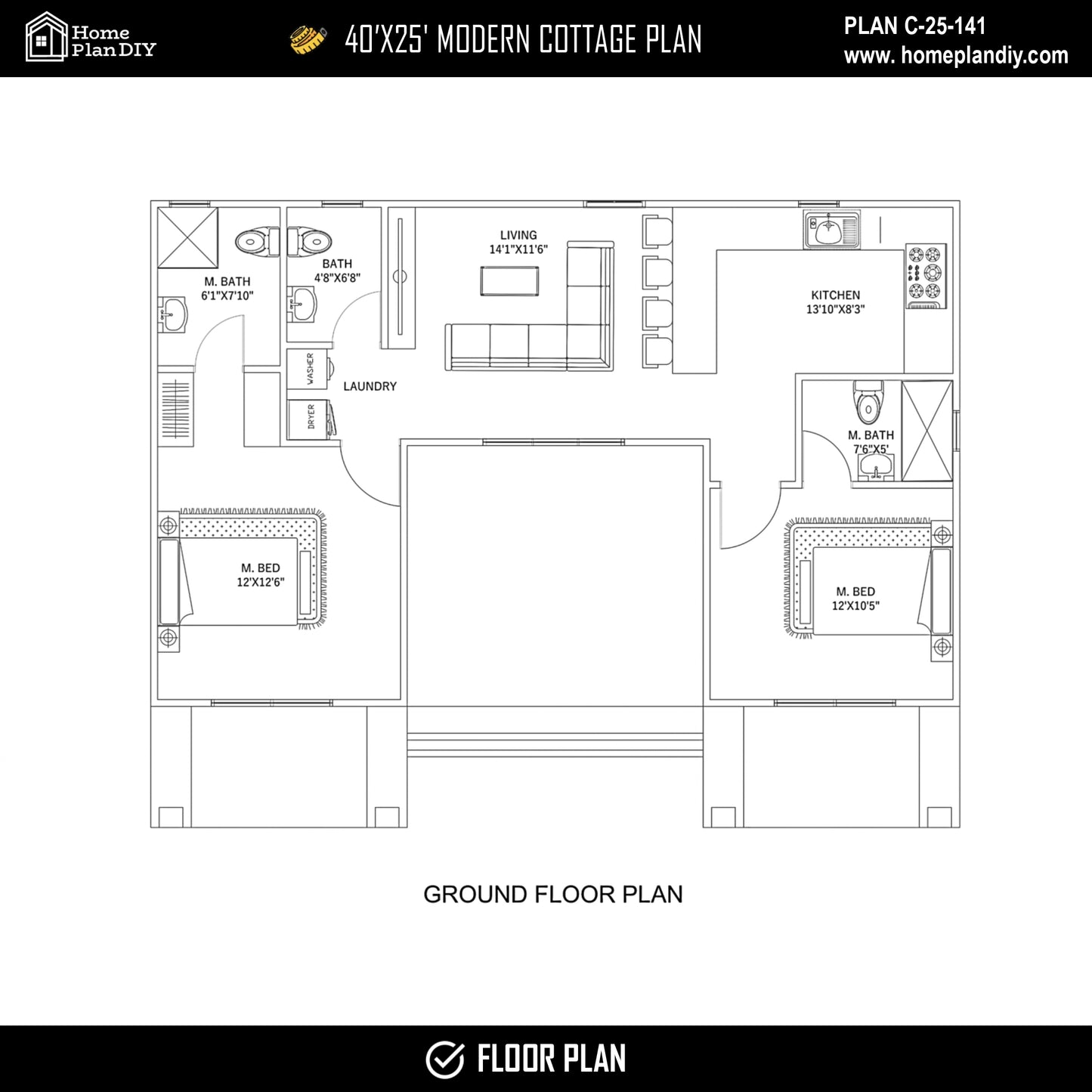 Tiny home design with loft and 3 full bathrooms