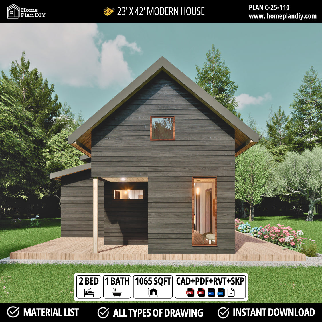 23x42 Modern Tiny House Plan Front View – Small Cabin Blueprint with Loft and Porch