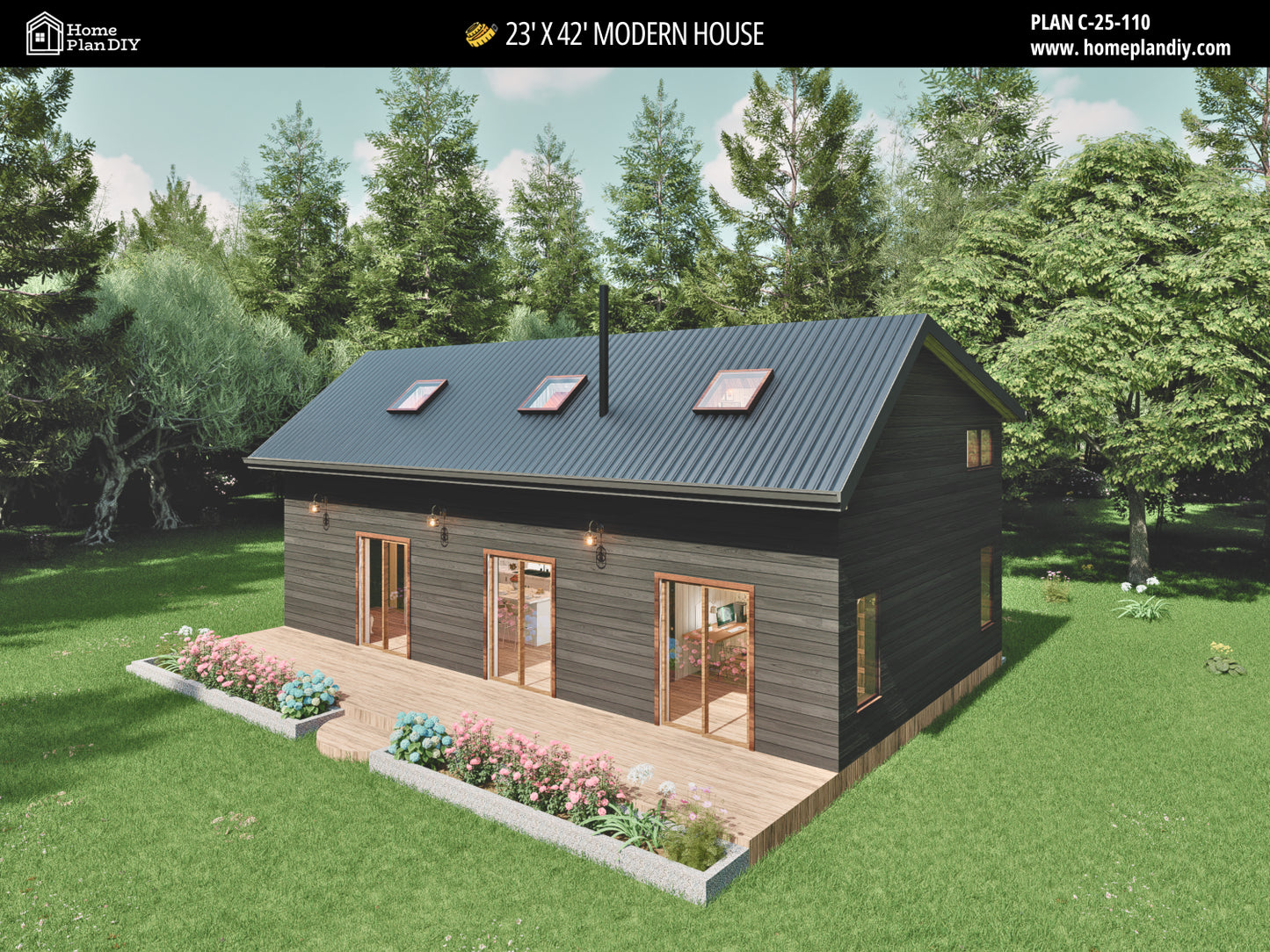 23x42 Modern Tiny House Plan Front View – Small Cabin Blueprint with Loft and Porch