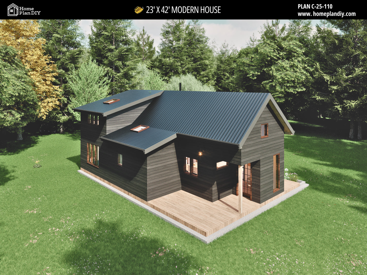 23x42 Modern Tiny House Plan Front View – Small Cabin Blueprint with Loft and Porch