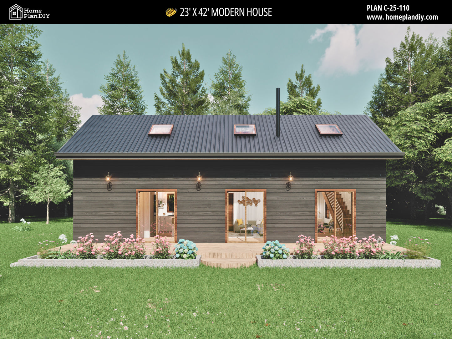 23x42 Modern Tiny House Plan Front View – Small Cabin Blueprint with Loft and Porch