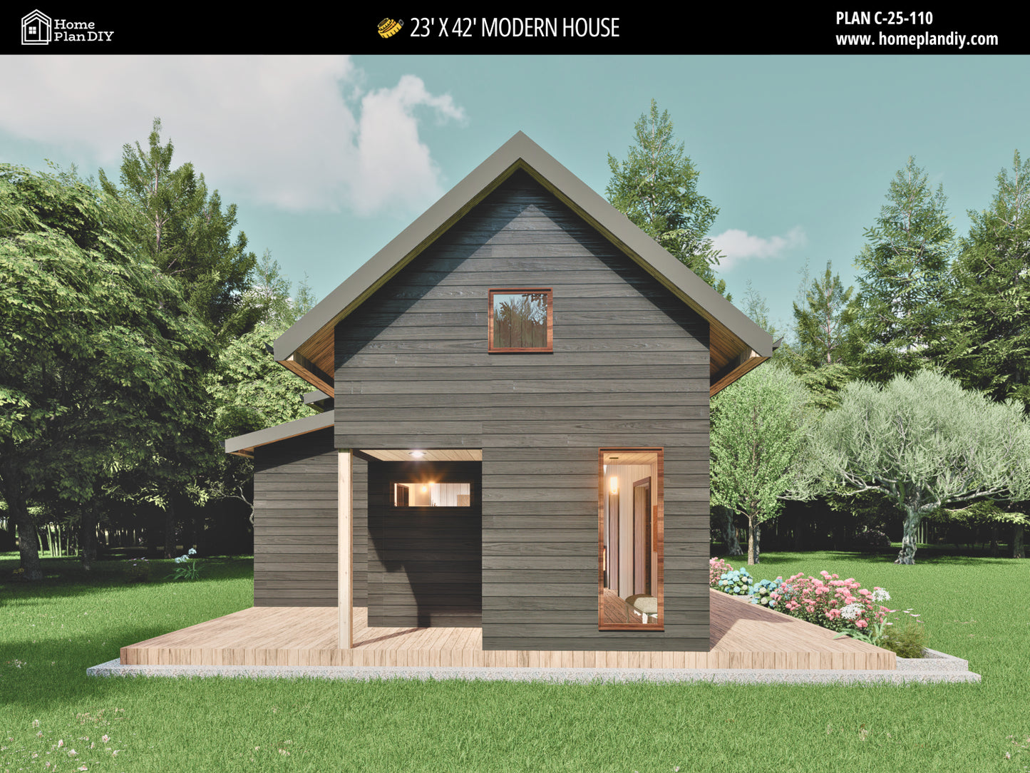 23x42 Modern Tiny House Plan Front View – Small Cabin Blueprint with Loft and Porch