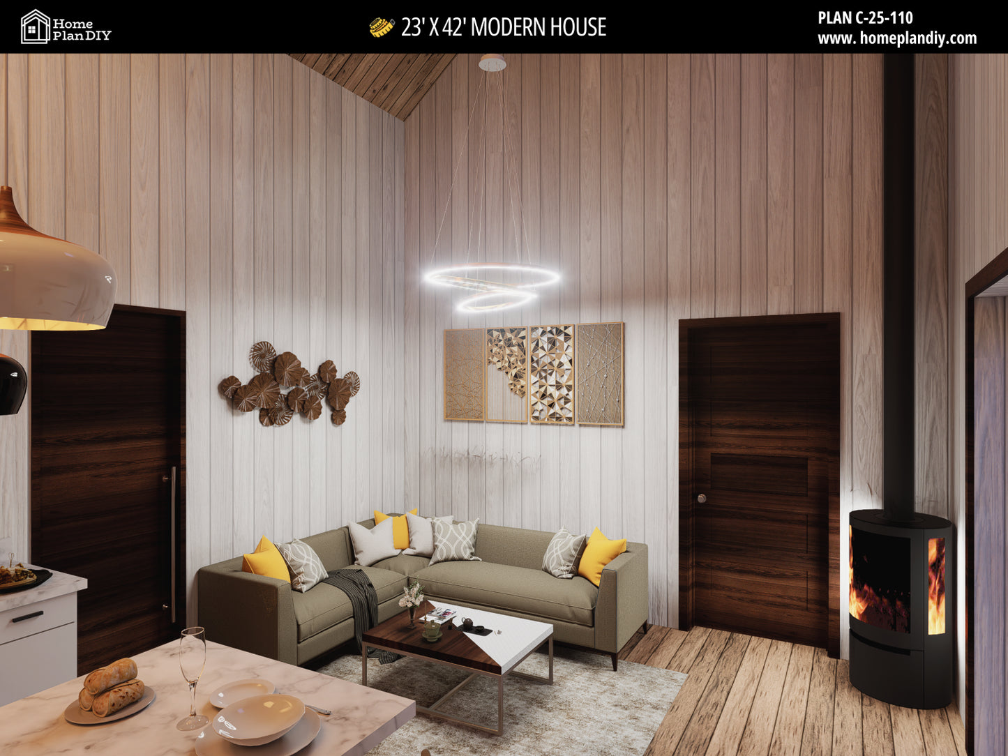 23x42 Modern Tiny House Plan Front View – Small Cabin Blueprint with Loft and Porch