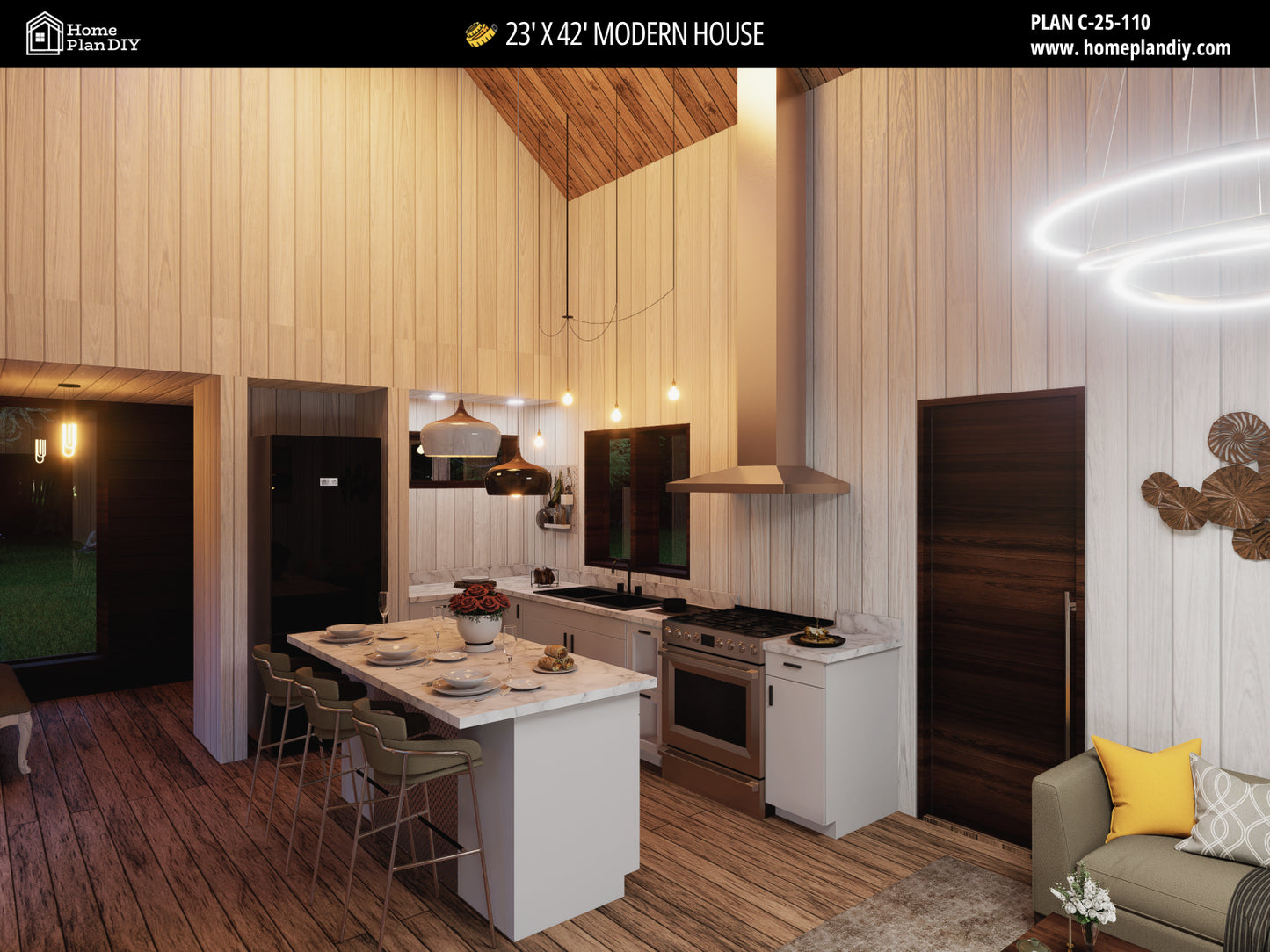 23x42 Modern Tiny House Plan Front View – Small Cabin Blueprint with Loft and Porch