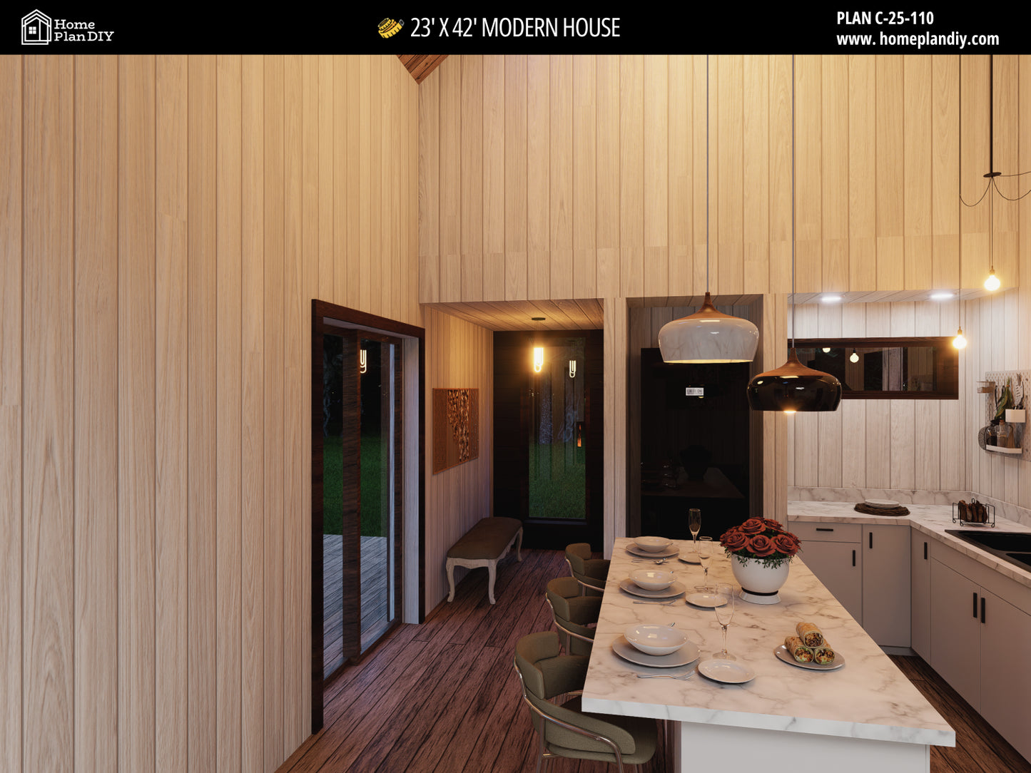 23x42 Modern Tiny House Plan Front View – Small Cabin Blueprint with Loft and Porch