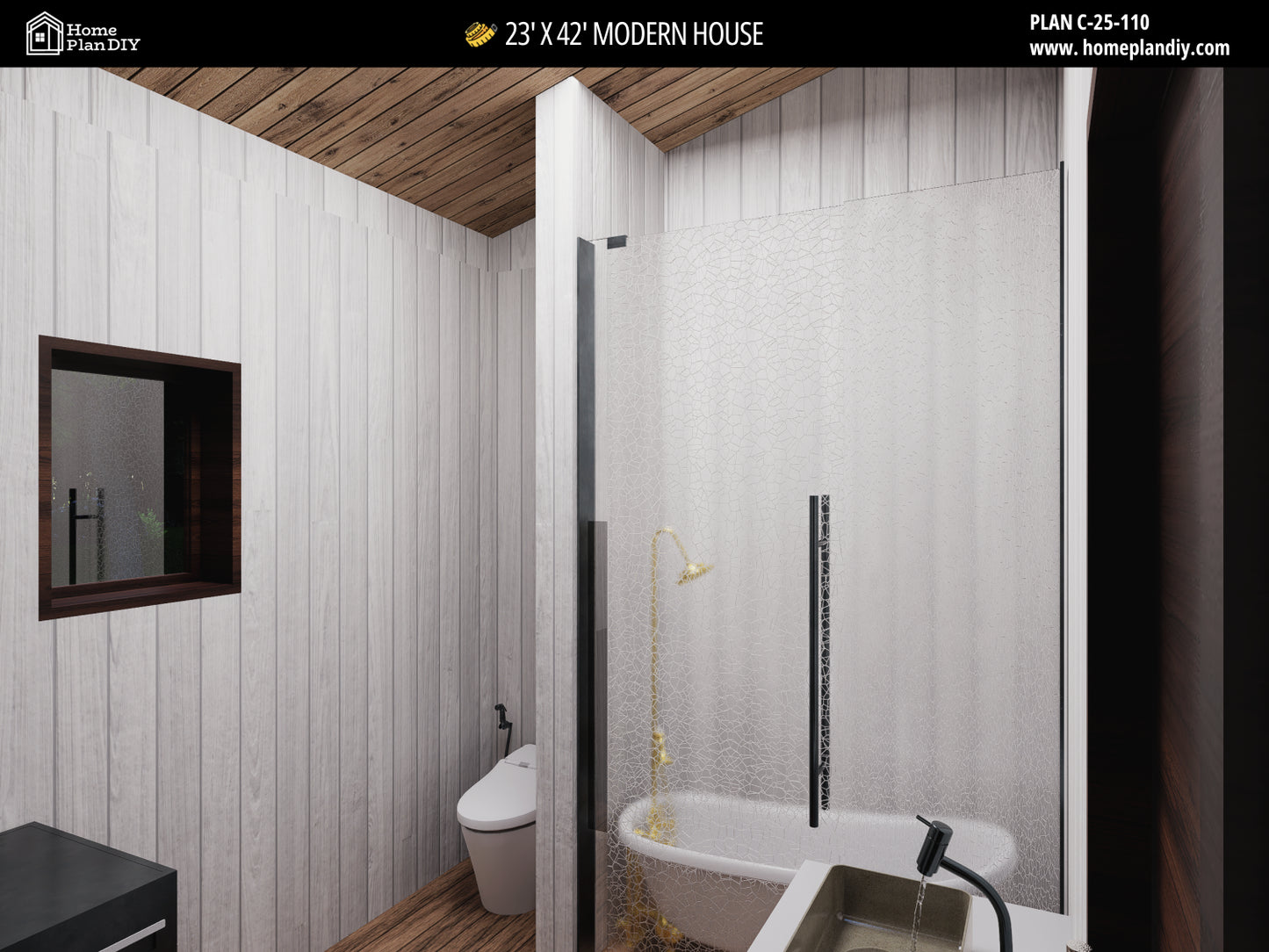 23x42 Modern Tiny House Plan Front View – Small Cabin Blueprint with Loft and Porch