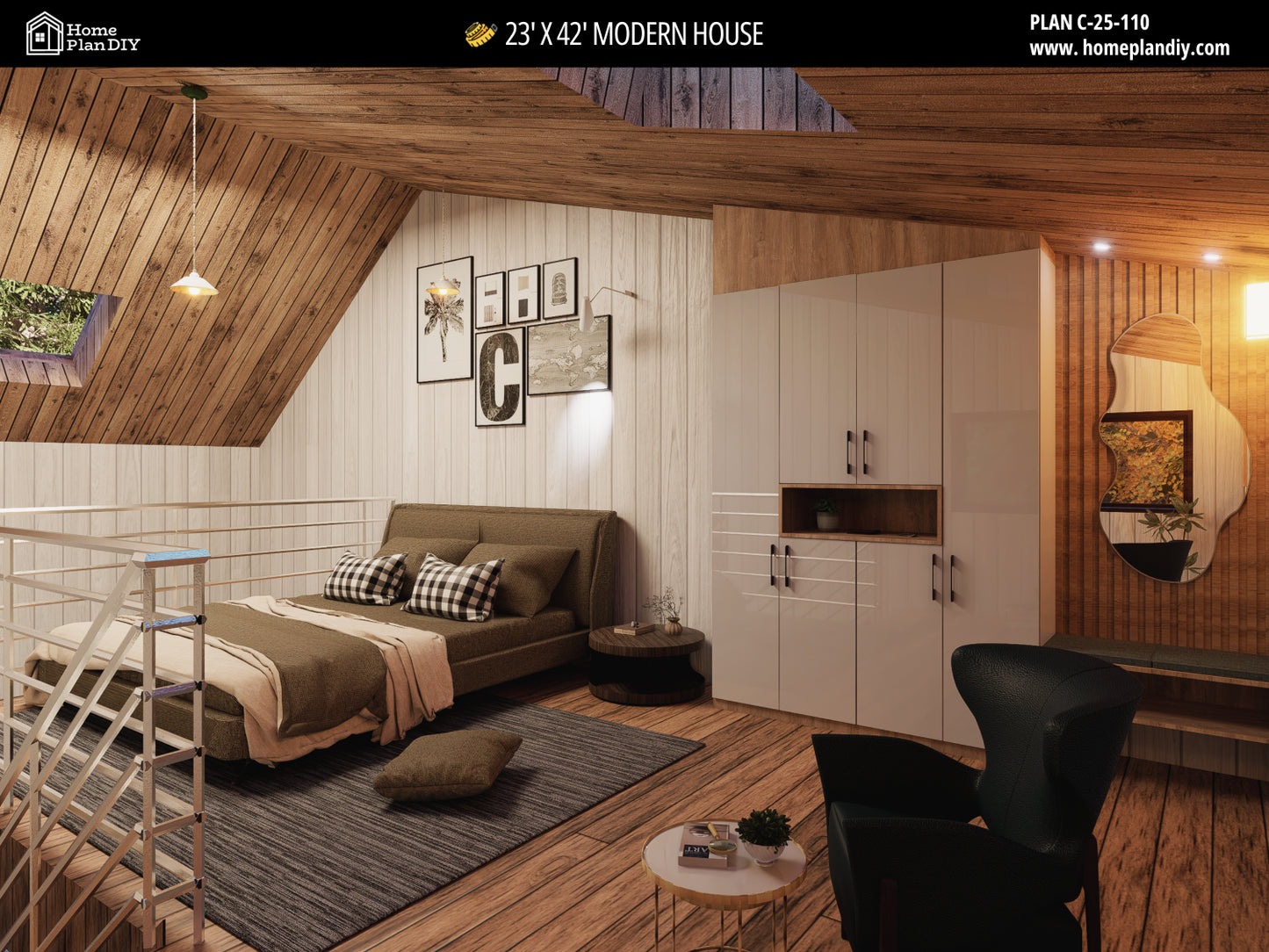 23x42 Modern Tiny House Plan Front View – Small Cabin Blueprint with Loft and Porch