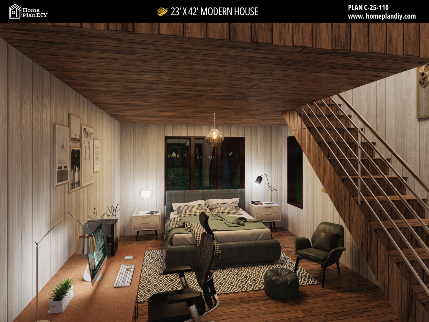 23x42 Modern Tiny House Plan Front View – Small Cabin Blueprint with Loft and Porch