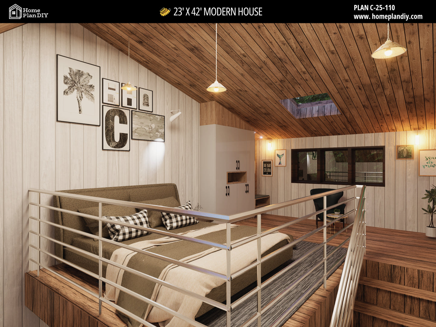 23x42 Modern Tiny House Plan Front View – Small Cabin Blueprint with Loft and Porch