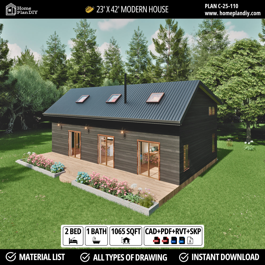 23x42 Modern Tiny House Plan Front View – Small Cabin Blueprint with Loft and Porch