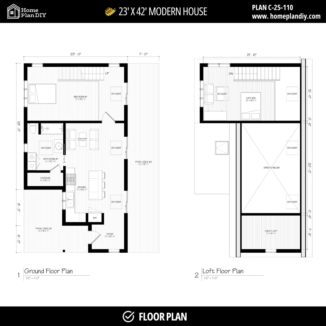 23x42 Modern Tiny House Plan Front View – Small Cabin Blueprint with Loft and Porch