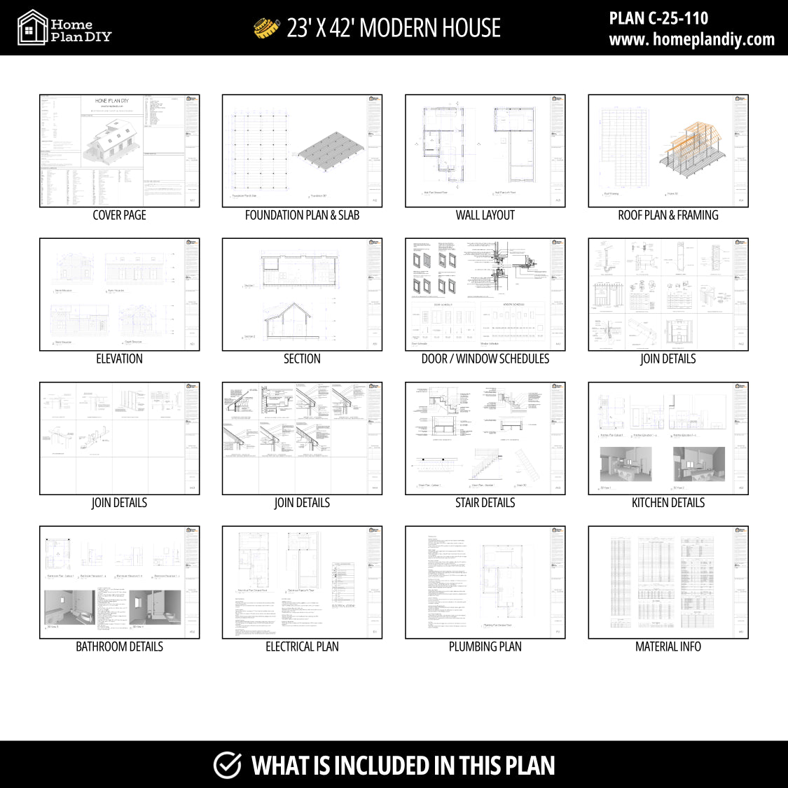 23x42 Modern Tiny House Plan Front View – Small Cabin Blueprint with Loft and Porch