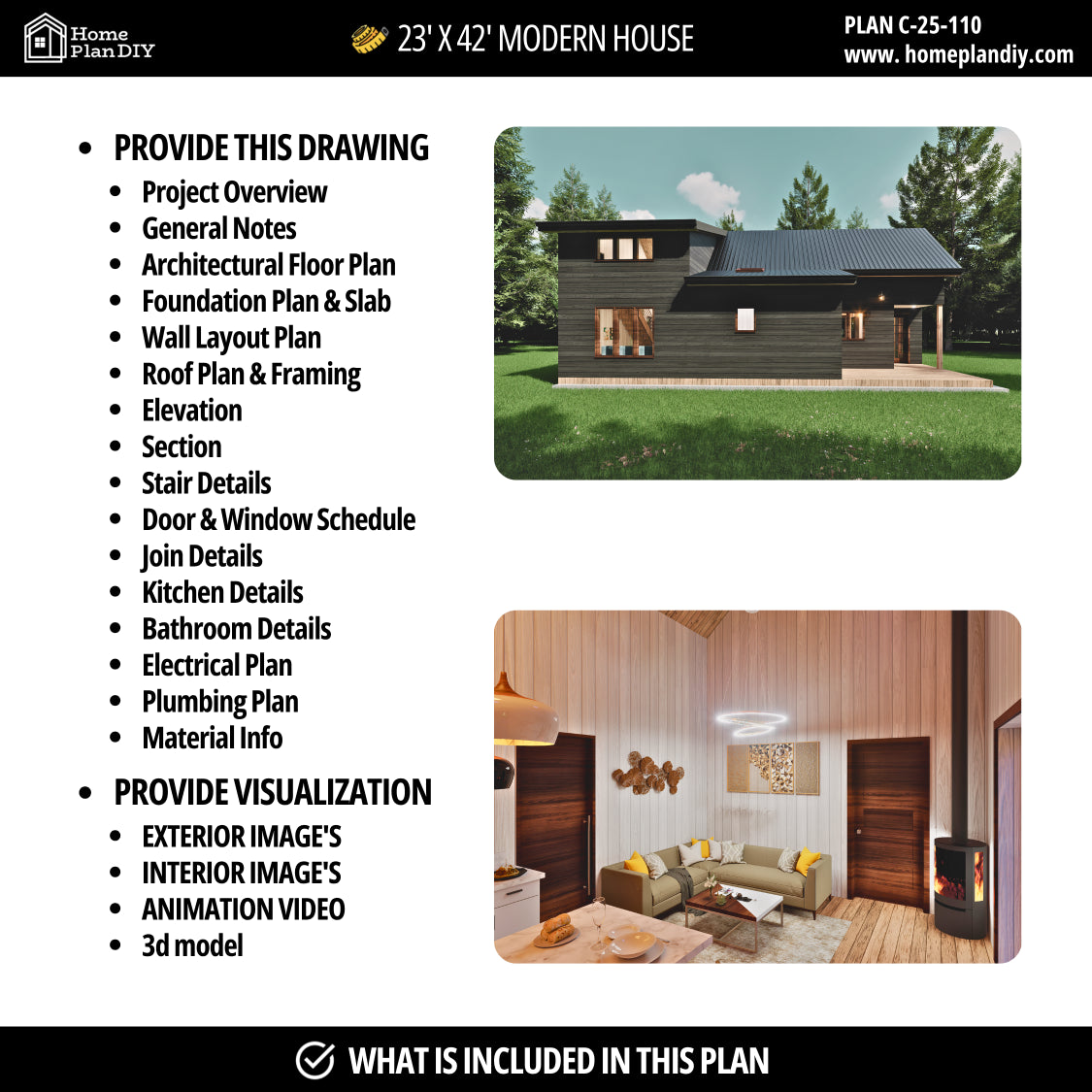 23x42 Modern Tiny House Plan Front View – Small Cabin Blueprint with Loft and Porch