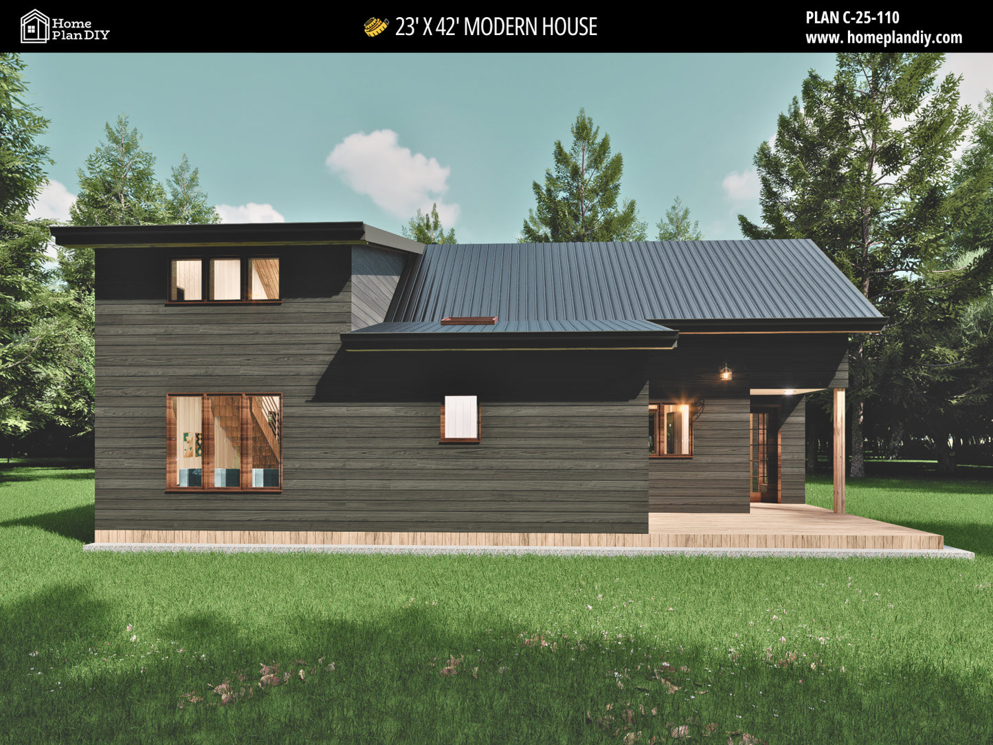 23x42 Modern Tiny House Plan Front View – Small Cabin Blueprint with Loft and Porch