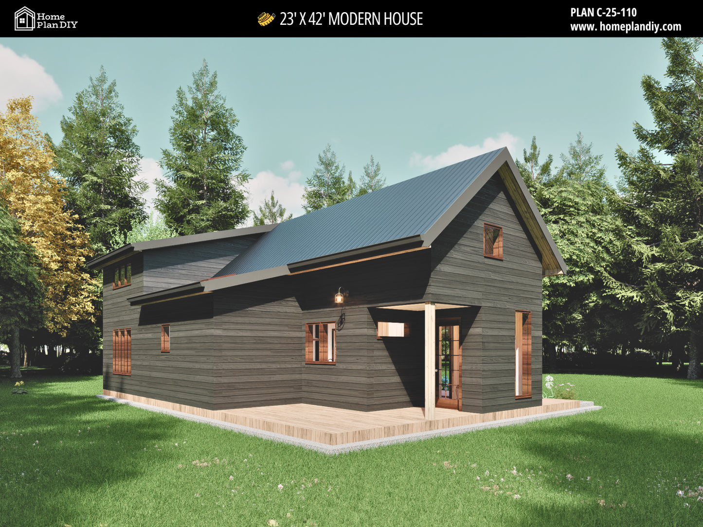 23x42 Modern Tiny House Plan Front View – Small Cabin Blueprint with Loft and Porch