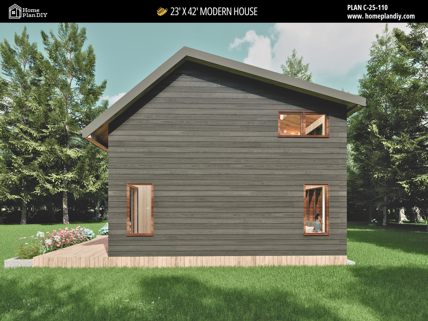 23x42 Modern Tiny House Plan Front View – Small Cabin Blueprint with Loft and Porch