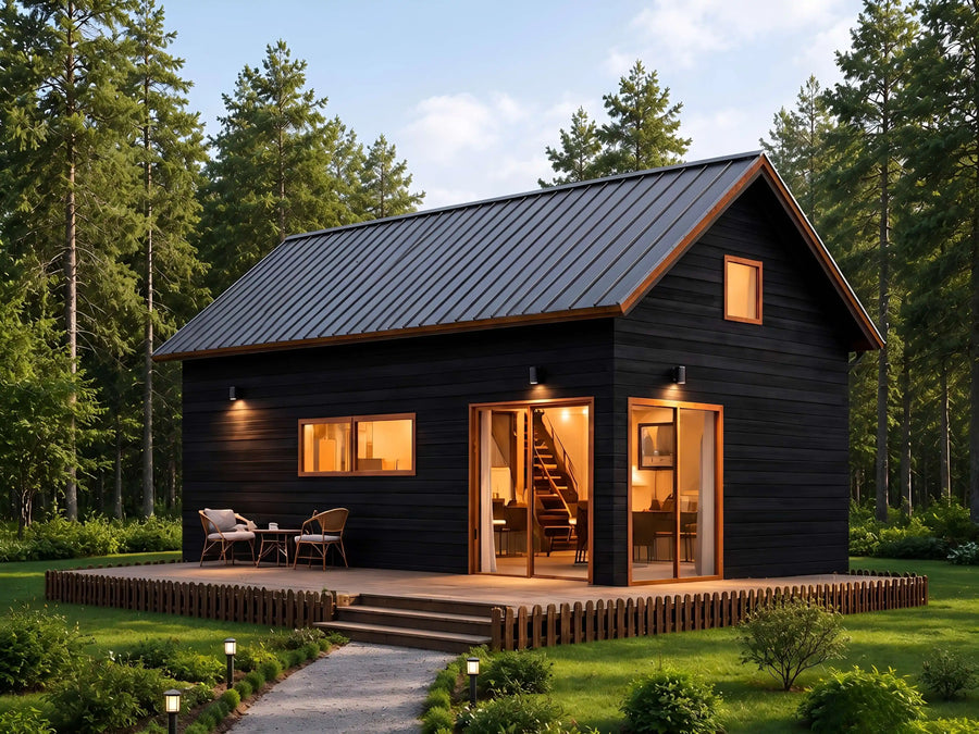 28x16 modern cottage house plan, 2 bedroom with loft