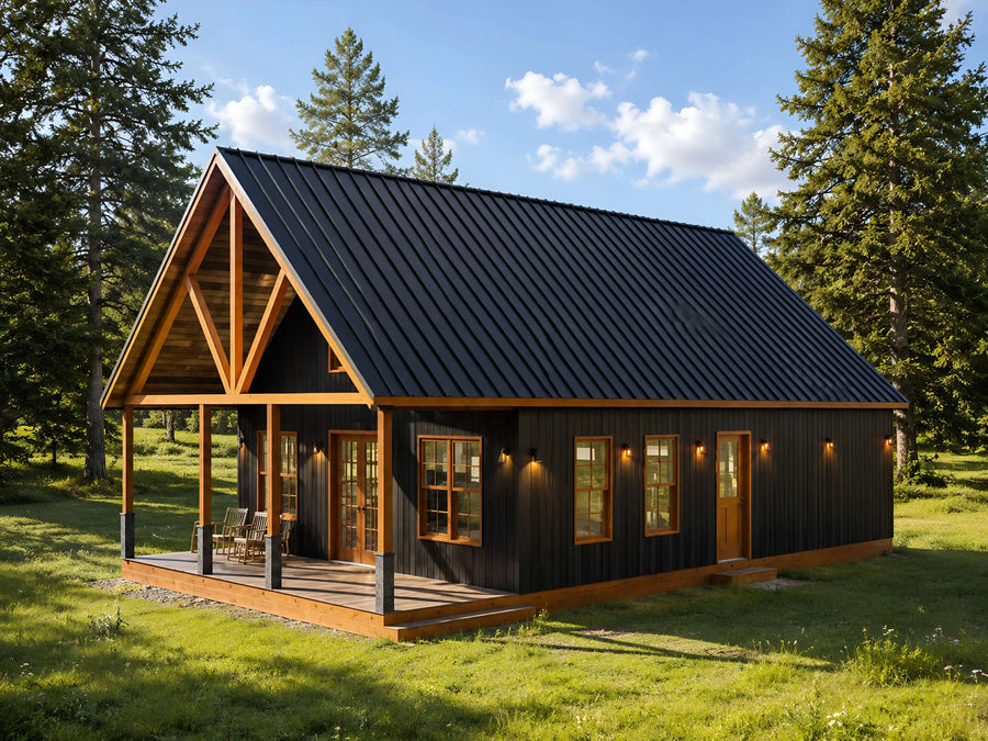 28x44 modern cabin floor plan with loft, 3 bed 2 bath, 1408 sq ft