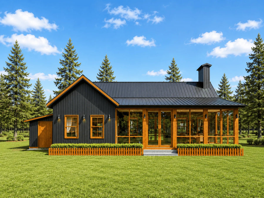 40x55 modern cottage floor plan, 2 bedroom with screen porch, 1063 sq ft
