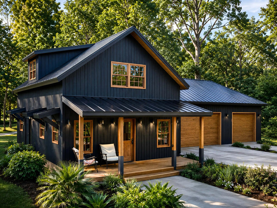 63x42 modern house plan with loft, 2-car garage, 3 bedroom
