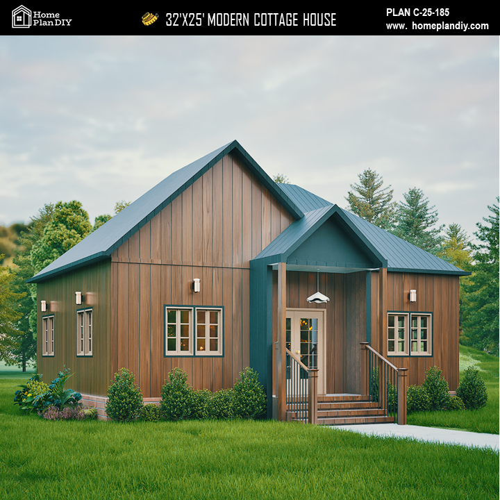 Modern cottage house with brown exterior and green roof in a scenic setting.