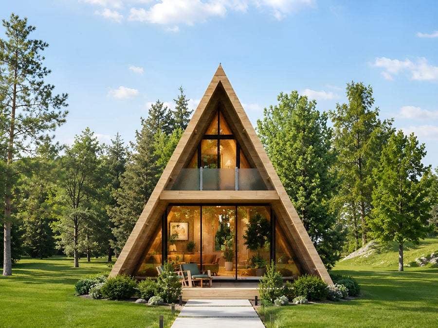 3 bedroom modern A-frame house plan, cabin blueprint