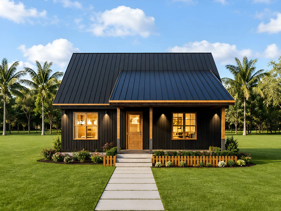 Modern cabin house plan with loft, 928 sq ft
