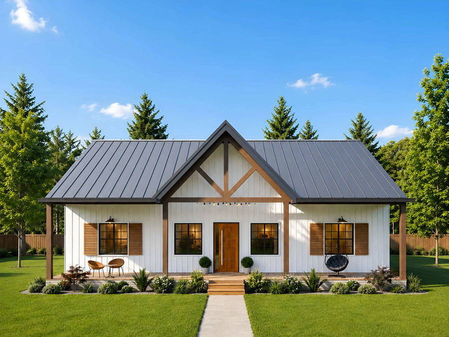 3 bedroom 2 bathroom barndominium floor plan with open-concept layout and slab foundation