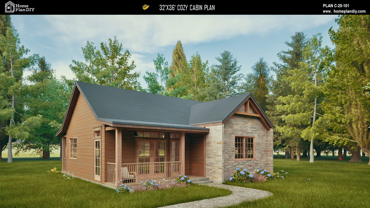 2 bedroom 2 bathroom cozy cabin house plan with porch