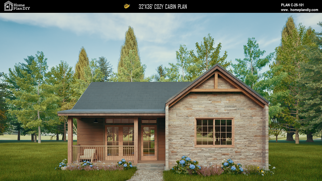 2 bedroom 2 bathroom cozy cabin house plan with porch