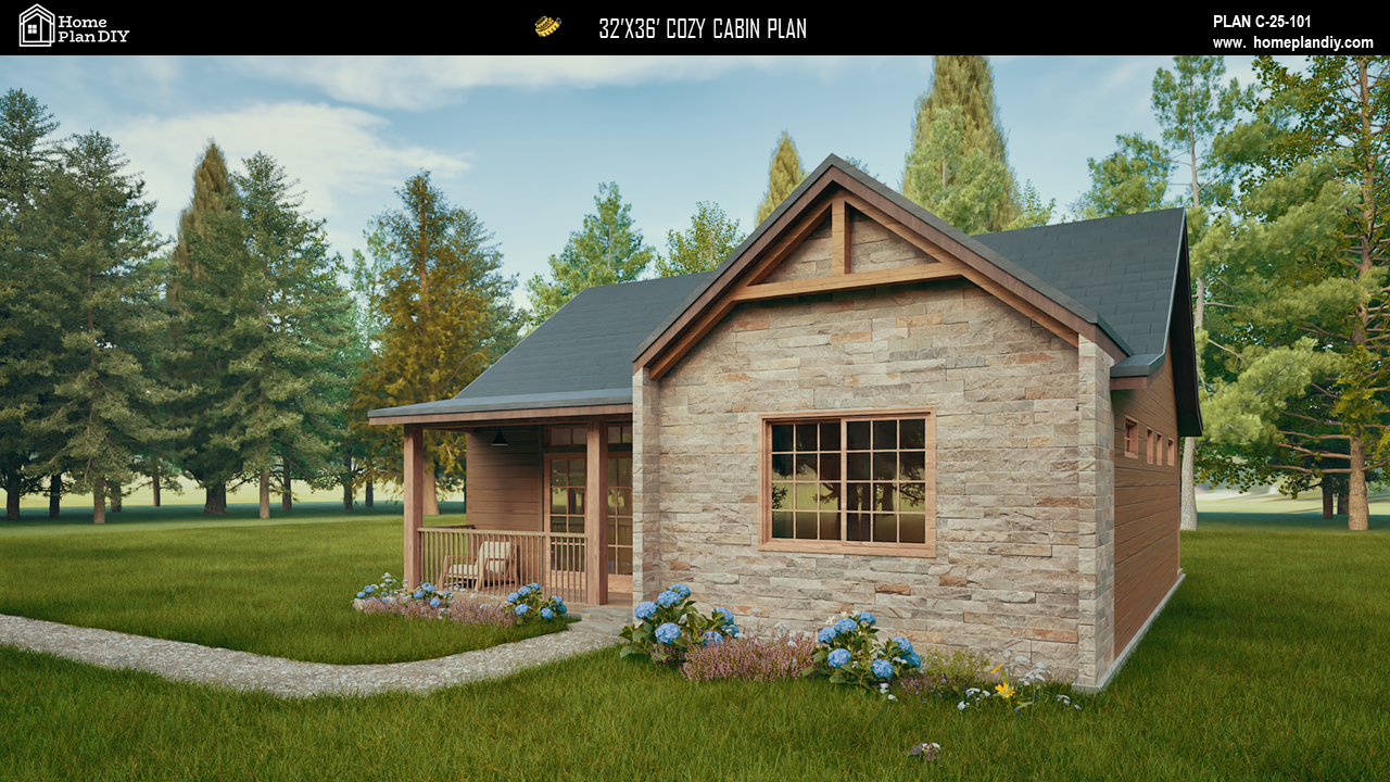 2 bedroom 2 bathroom cozy cabin house plan with porch