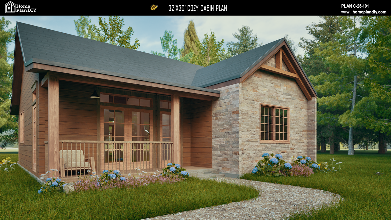 2 bedroom 2 bathroom cozy cabin house plan with porch