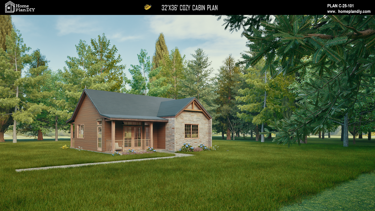 2 bedroom 2 bathroom cozy cabin house plan with porch