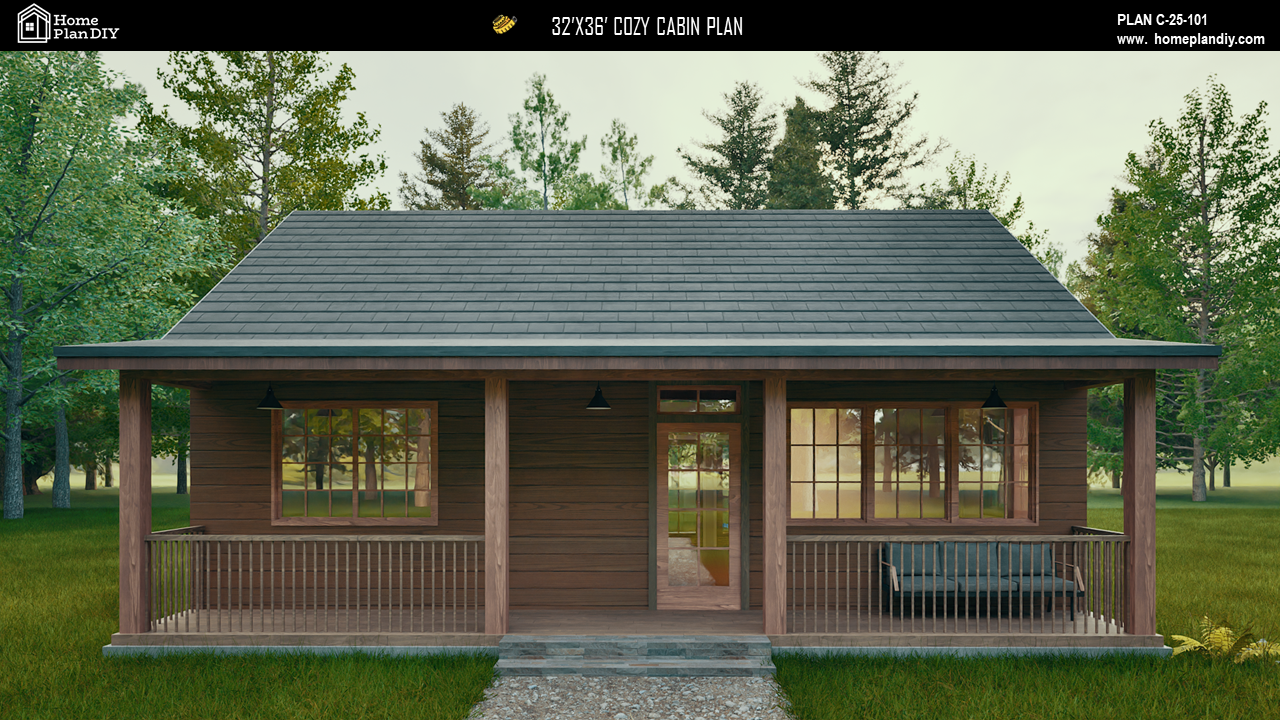 2 bedroom 2 bathroom cozy cabin house plan with porch