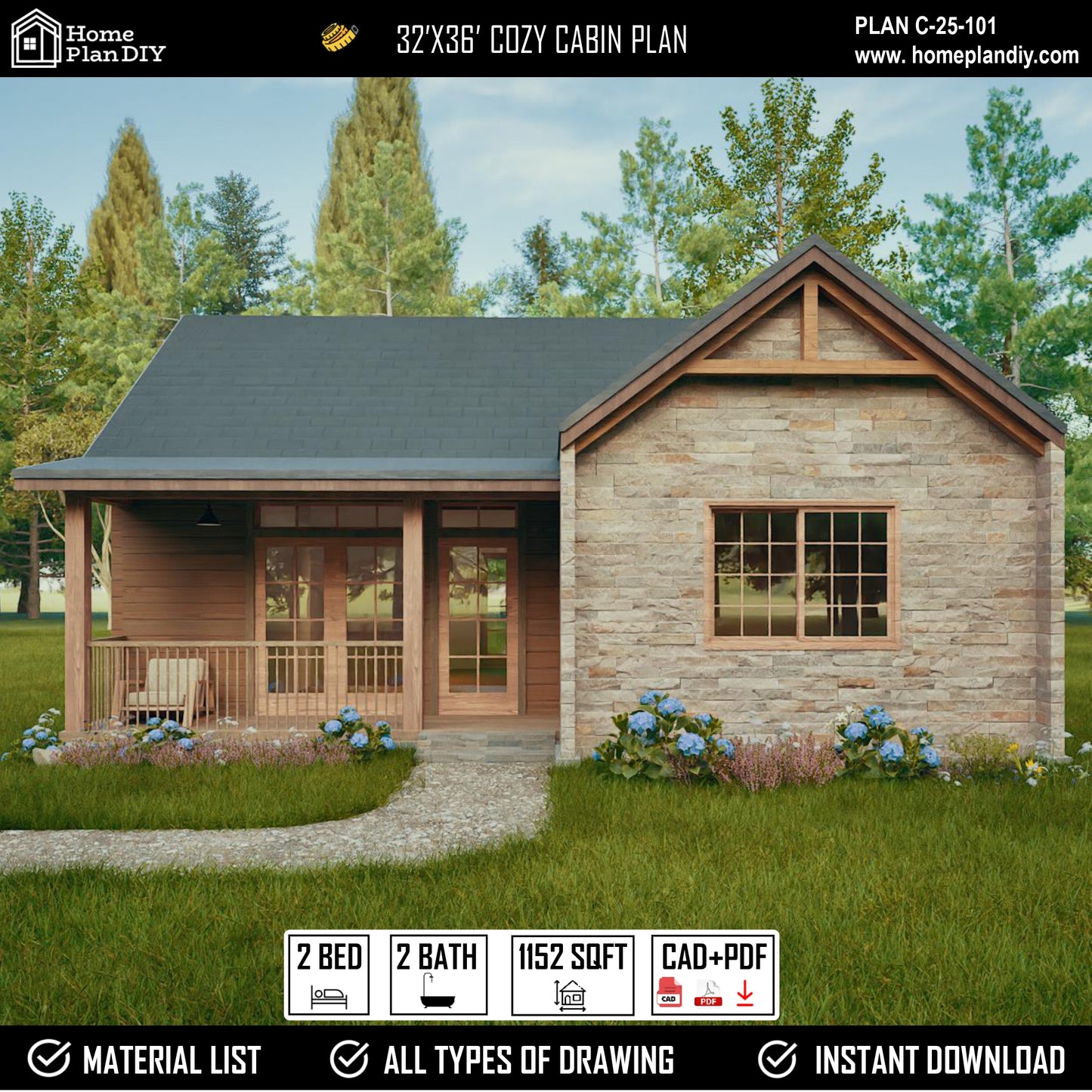 2 bedroom 2 bathroom cozy cabin house plan with porch