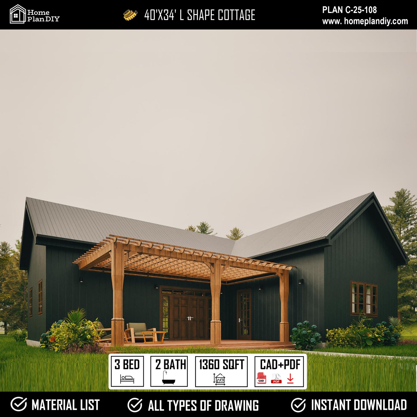 L-shaped cottage house plan with 3 bedrooms and 2 bathrooms