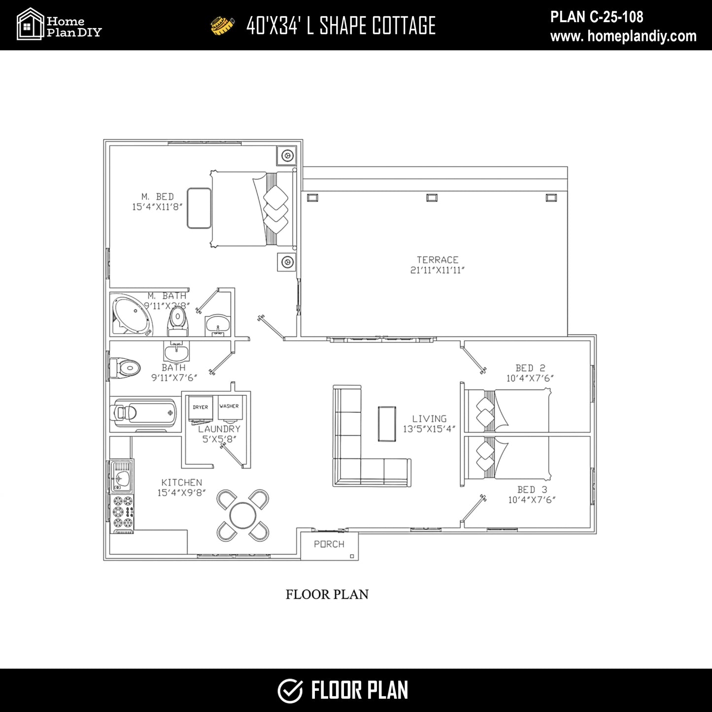 L-shaped cottage house plan with 3 bedrooms and 2 bathrooms