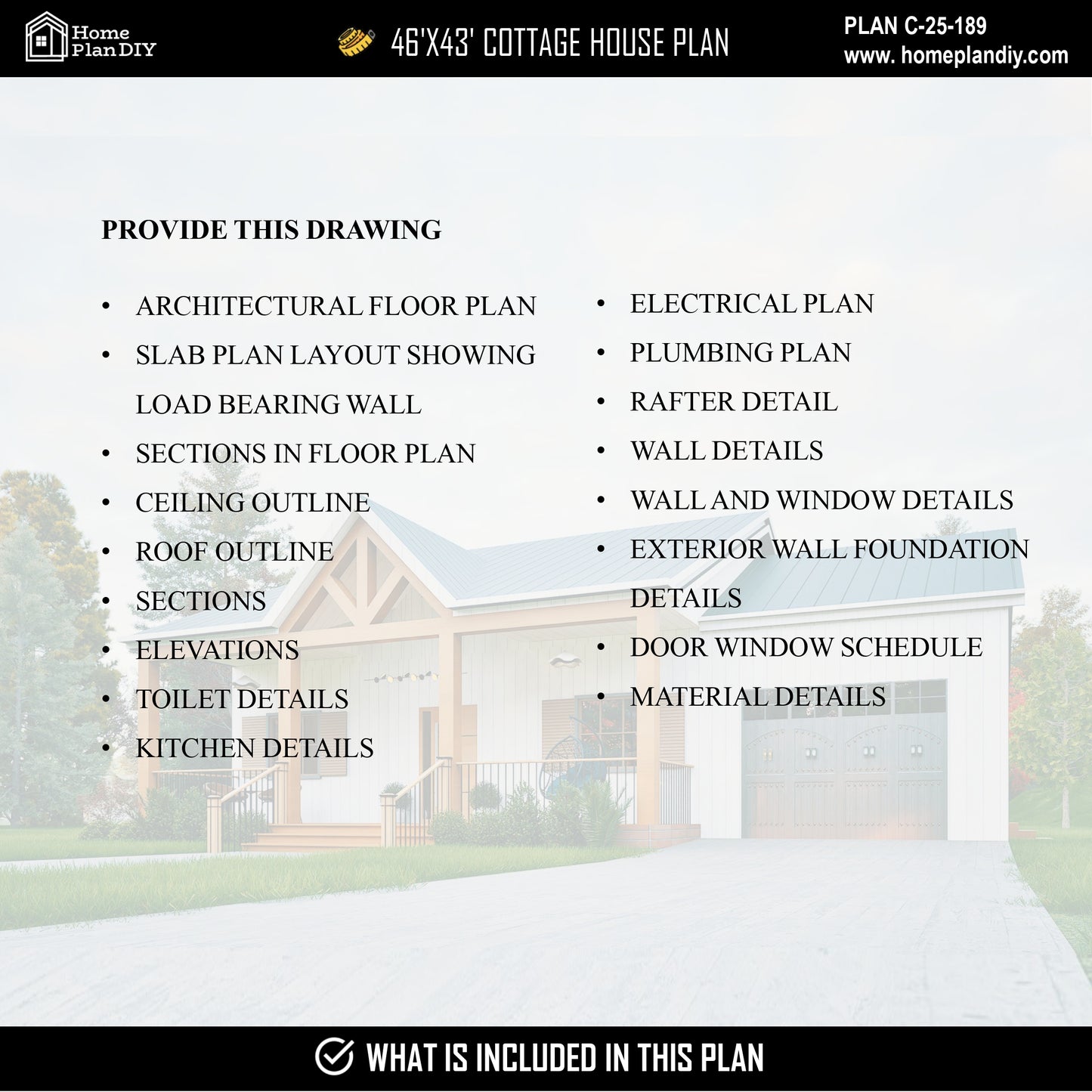 Cottage house plan with detailed list of included drawings and specifications.