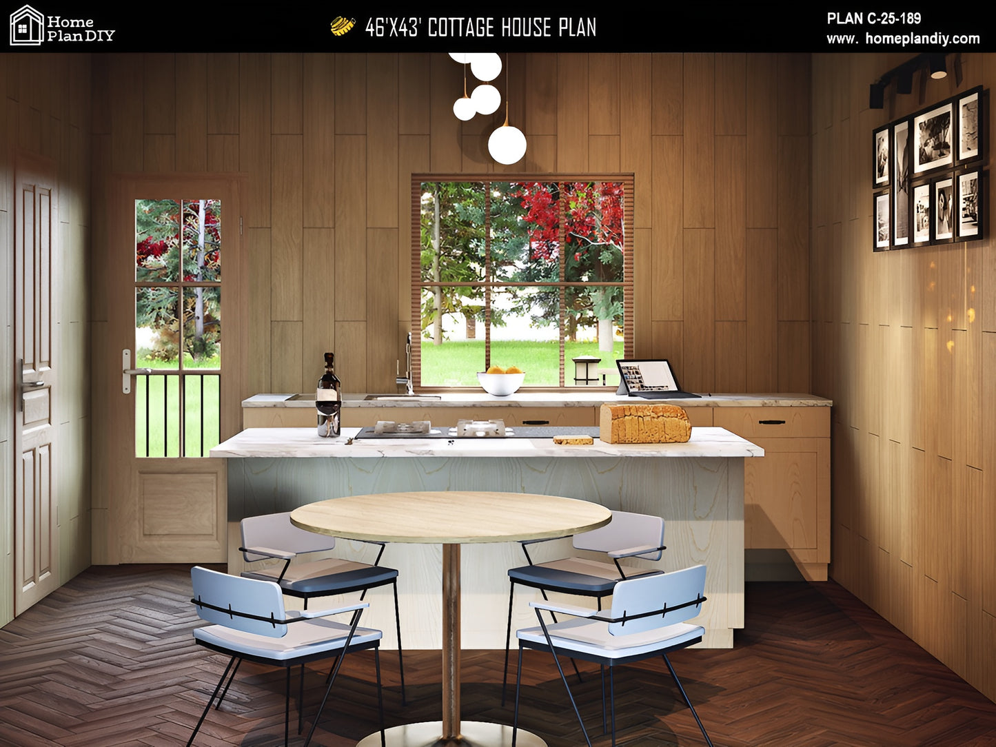 Modern kitchen with island, chairs, and decor elements.