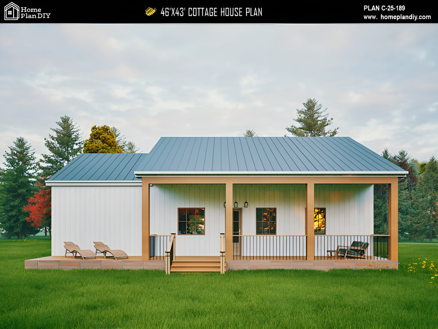 Modern cottage house plan with a blue roof and white walls, surrounded by greenery.