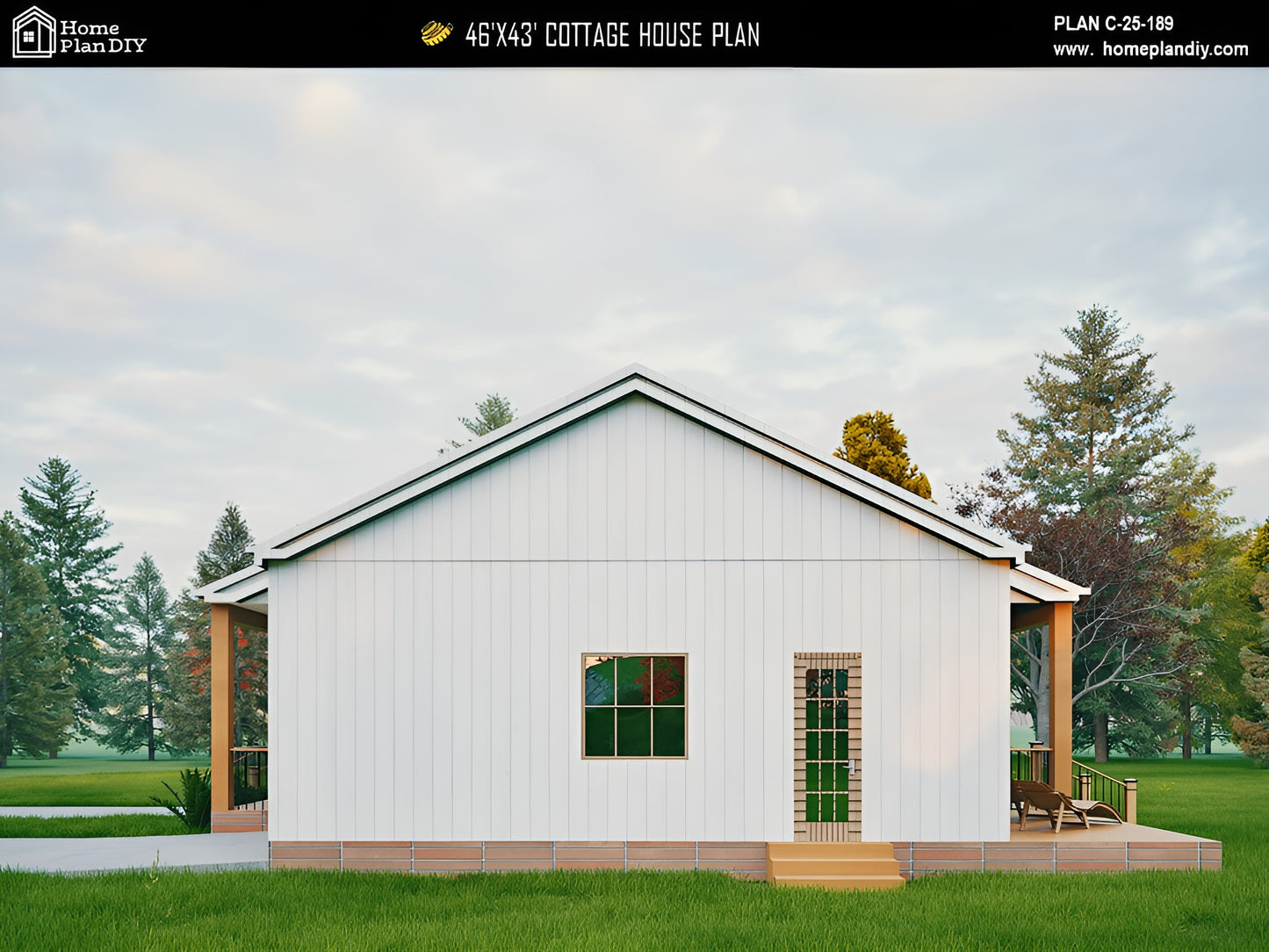 Cottage house plan with white exterior and wooden accents, surrounded by trees and greenery.