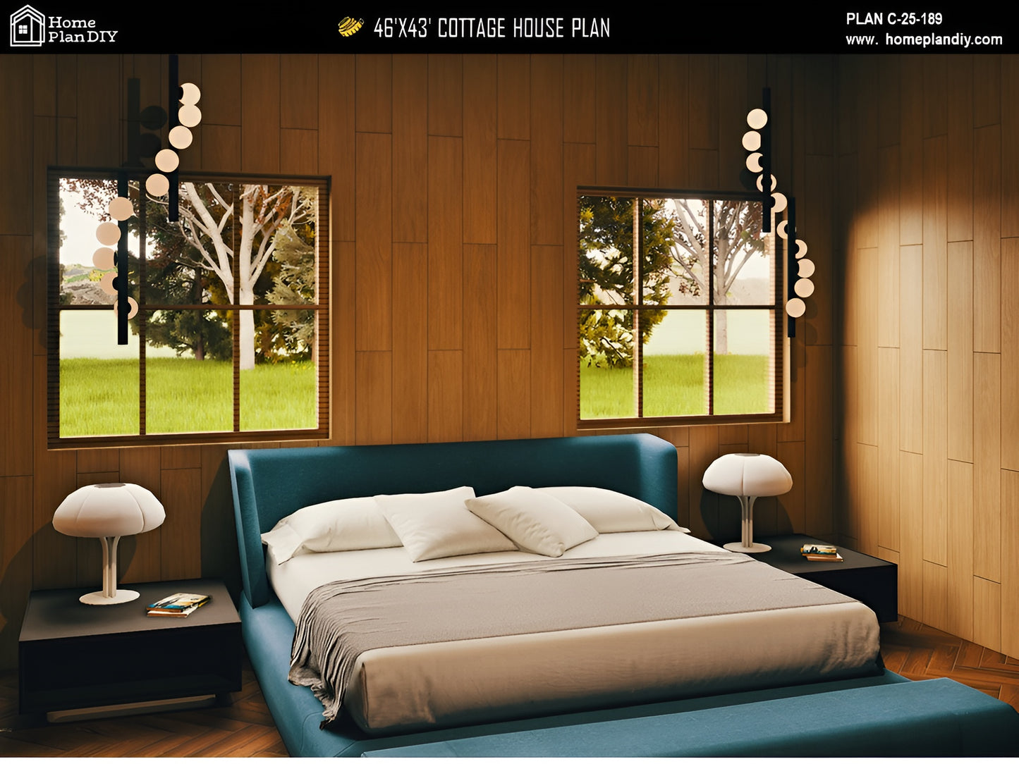 Modern bedroom with wooden walls, large windows, and a blue bed.