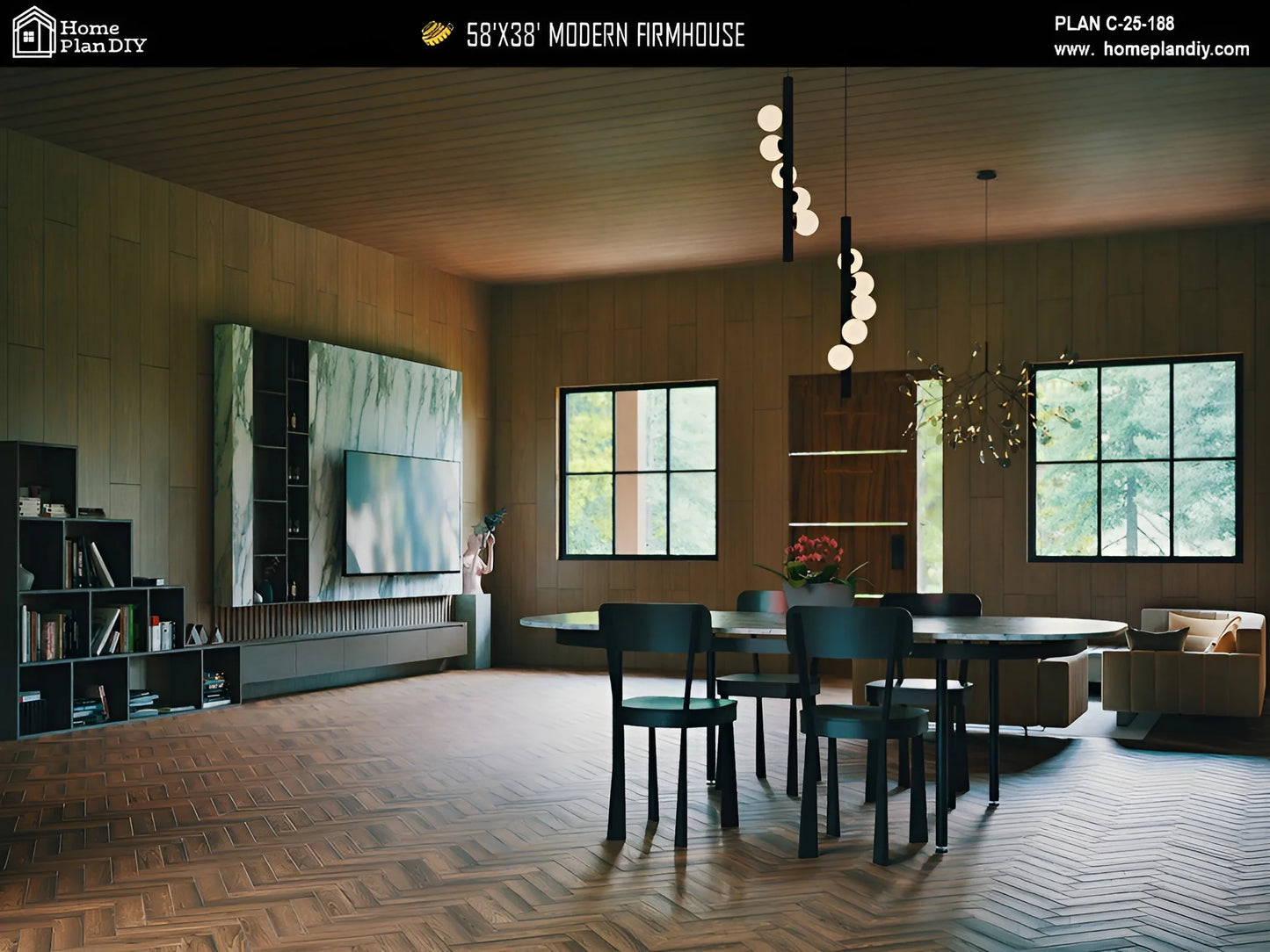 3 bedroom 2 bathroom barndominium floor plan with open-concept layout and slab foundation
