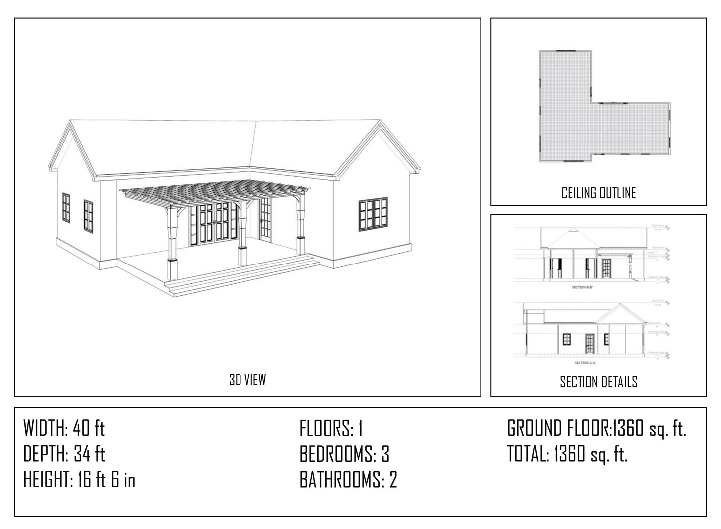 L-shaped cottage house plan with 3 bedrooms and 2 bathrooms