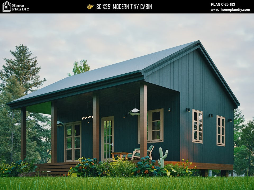 Modern tiny cabin house plan 750 sq ft with front porch – 1 bed 1 bath small home design