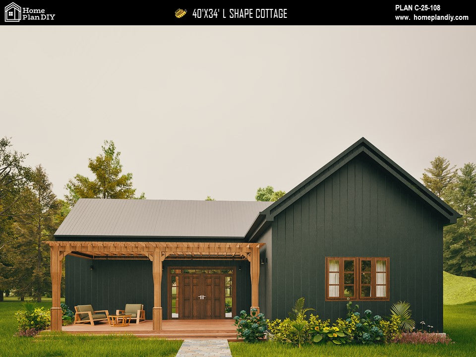 L-shaped cottage house plan with 3 bedrooms and 2 bathrooms